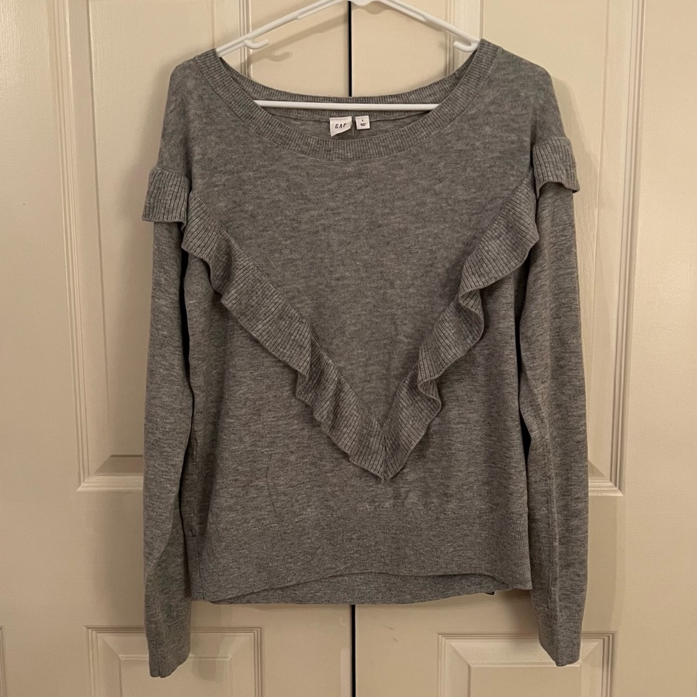 Gap women’s grey boat neck ruffle v long sleeve wool blend sweater size L